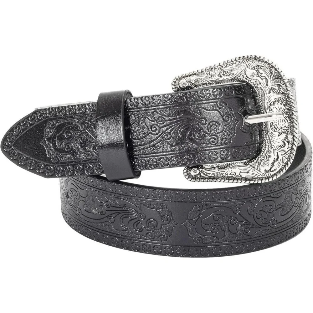 Women's Black 2 Adjustable Vintage Western Belts Engraved Buckle Cowgirl Belt